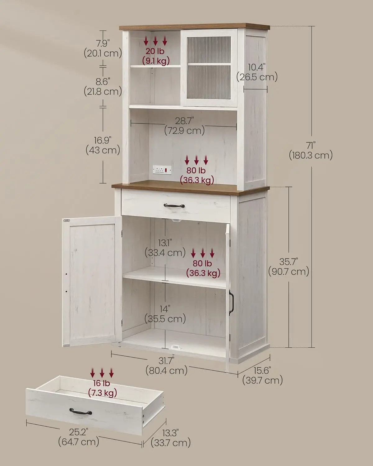 خزانة مخزن المطبخ مقاس 71 بوصة مع أضواء ومحطة شحن، وخزانة بار القهوة مع أبواب ودرج، ونمط المزرعة، قابل للتعديل