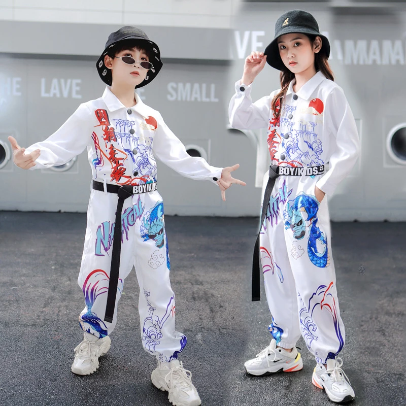 Chinese Style Jazz Modern Dance Costumes For Kids White Jumpsuit Children Clothing Girls Boys Hip Hop Dance Streetwear DQS14718