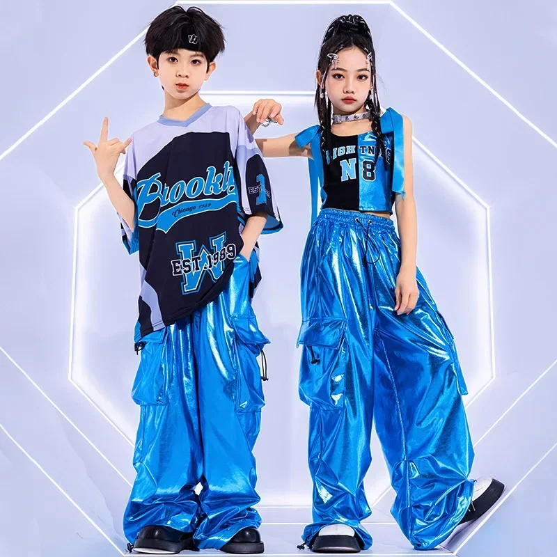 

Kids Jazz Fashion Clothes Boys Girls Hip Hop Oversize Tops Pants Runways Show Outfit Cool Bright Blue Street Dance Costume