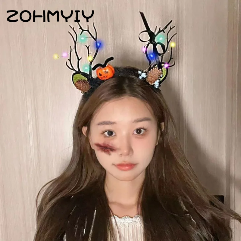 Halloween Luminous Antlers Hairpin Devil Headband With Light Elf Sparkling Hair Ornament