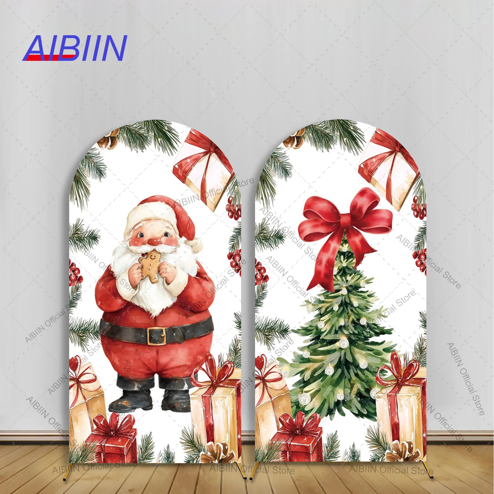 Housse de fond de scène de Noël avec motif Père Noël, flocons de neige, boîtes cadeaux, sapin de Noël, hiver, pour anniversaire d'enfants, fête prénatale, décoration de fête