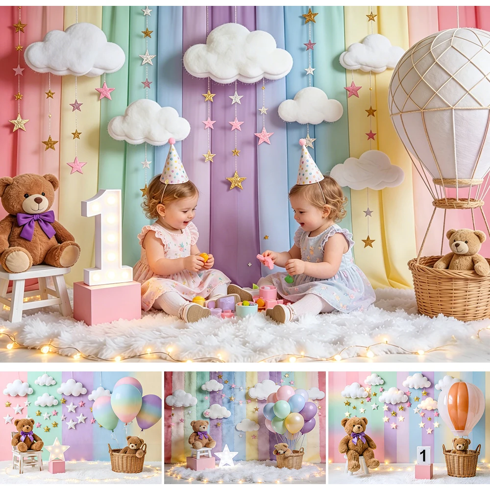

Teddy Bear 1st Birthday Backdrop Pastel Rainbow Clouds Hot Air Balloon Kids Portrait Baby Cake Smash Props Photozone Background
