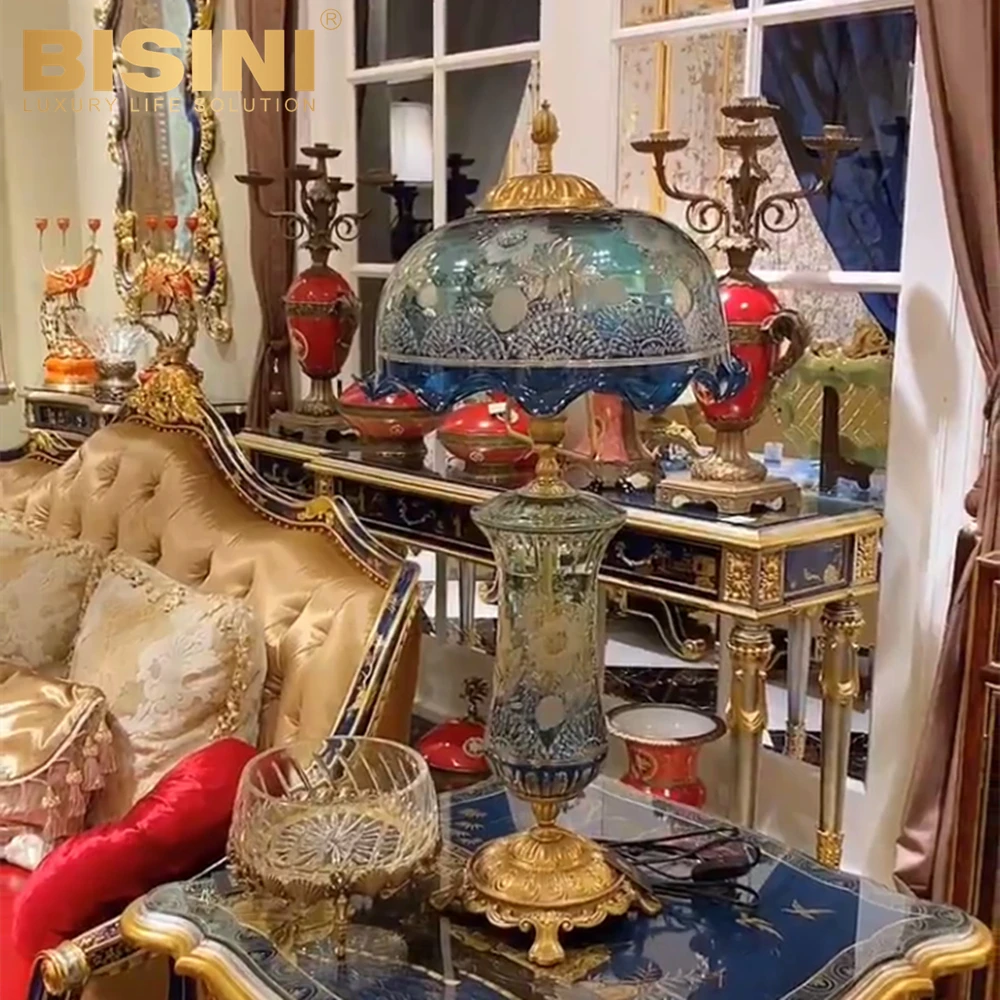 

Glorious French Baroque Style Home Brass and Crystal Glass Desk Lamp Blue Colored Glass Decorated Lighting Table Lamp