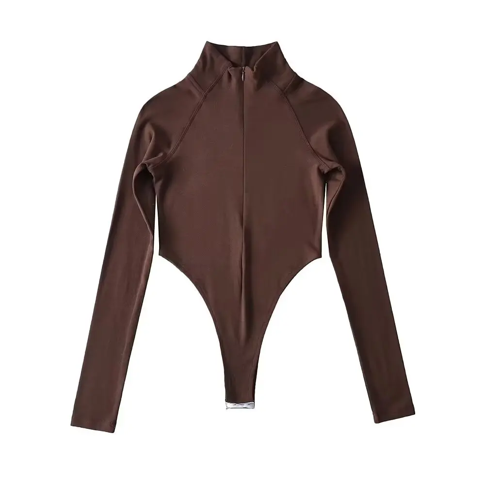 Women Long Sleeve Zipper Stand Collar Bodysuits High Split Elastic Slim Jumpsuits Tops