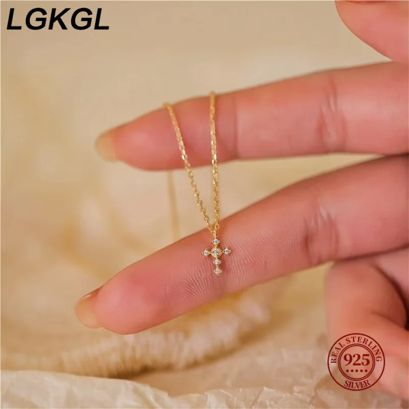 LGKGL ريال 925 فضة الزركون الصليب قلادة القلائد للنساء الحد الأدنى ضوء فاخر غرامة مجوهرات كوريا لطيف الملحقات
