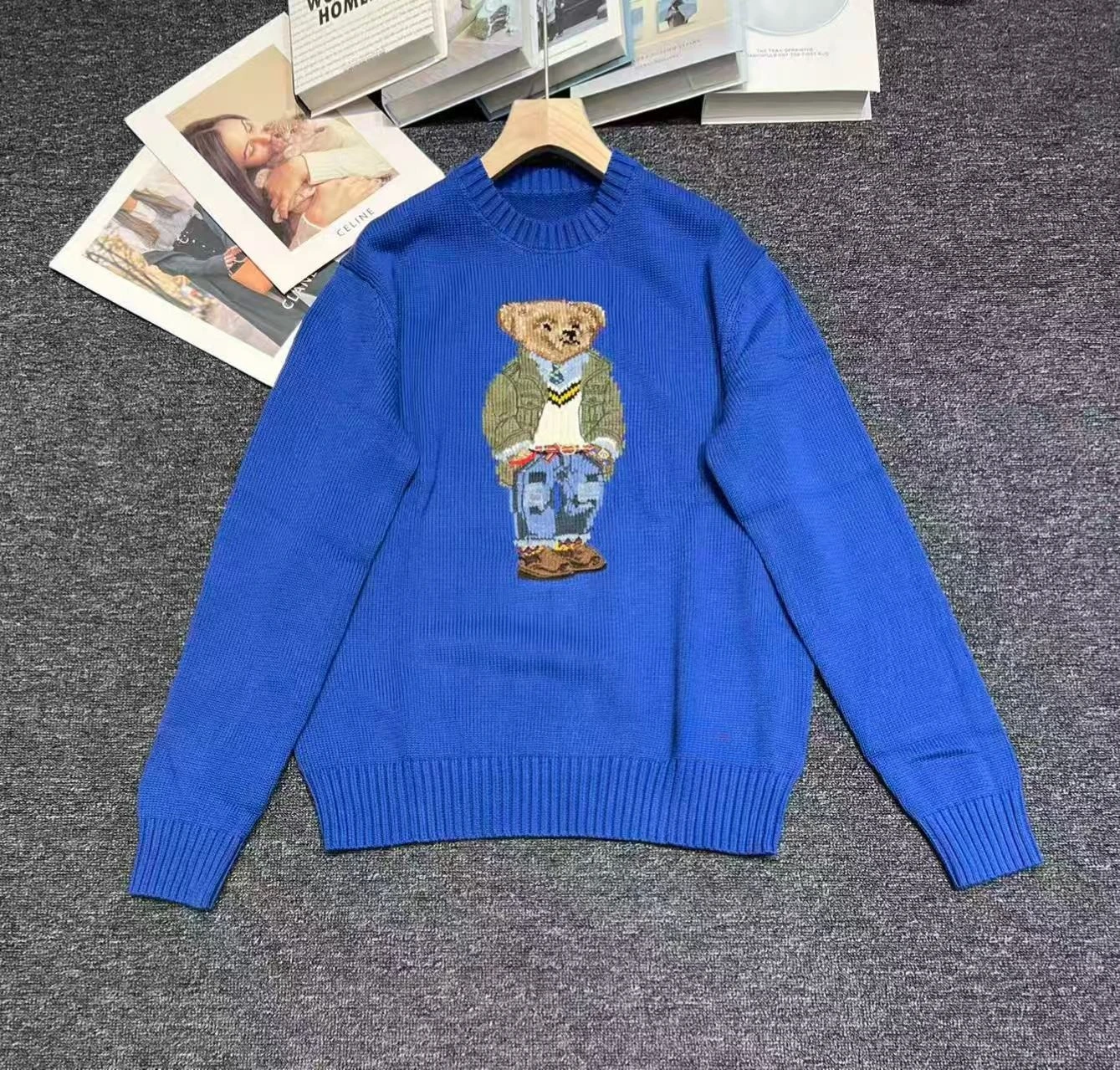 

2026 New Autumn Winter Blue Little Bear Embroidery Long Sleeve Sweater Tops High Quality Cotton