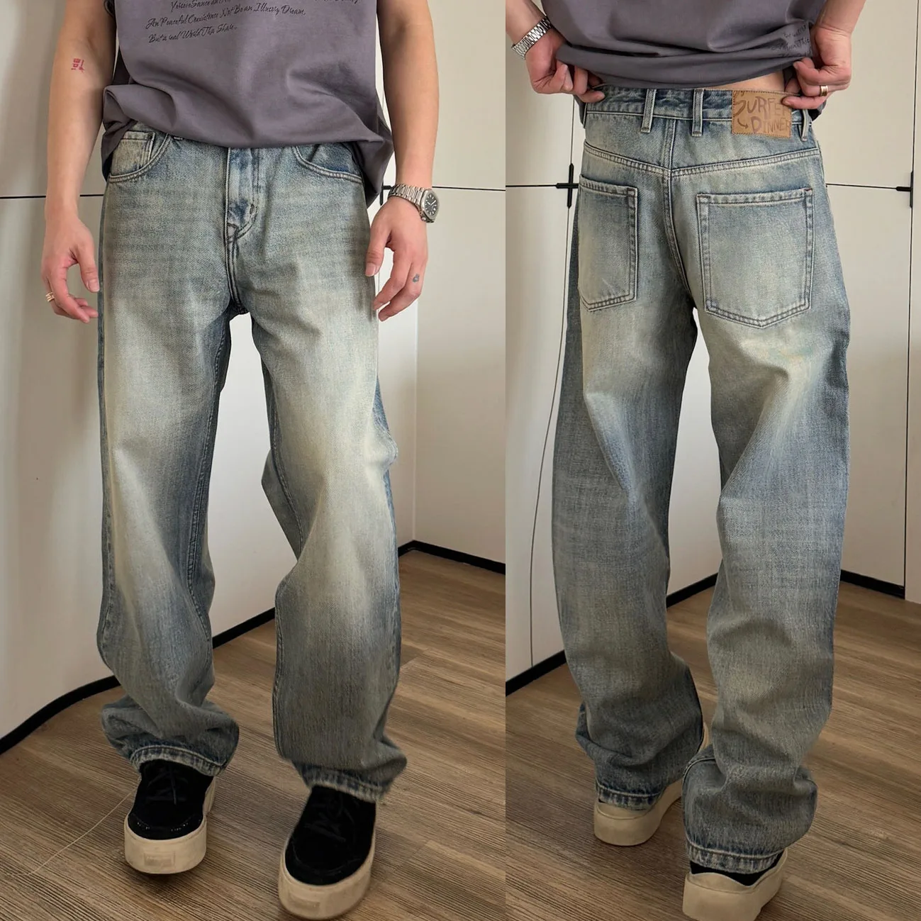 

Весна 2025 г., мужские модные повседневные свободные прямые джинсы, простые широкие брюки в американском стиле ретро, молодежный энергетический хлопок 00%