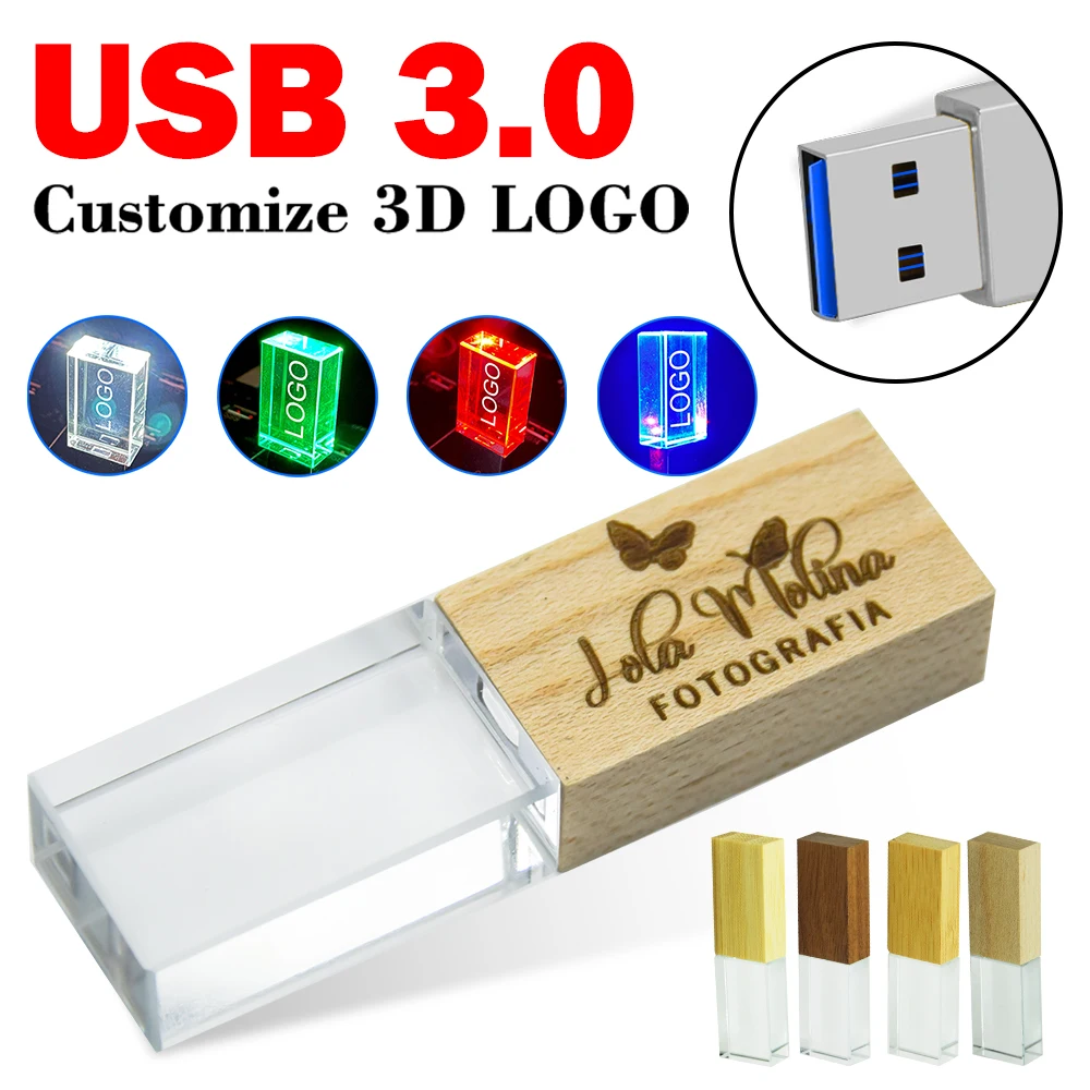 Free logo Crystal Wooden usb flash drive pen drive 8gb 4gb flash disk u disk pendrive 16GB 32GB 64GB USB 3.0 wedding thumb drive