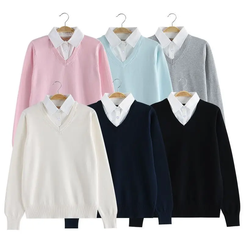 

College Sle Long Sve Knitted Sweater Jk orm Pure Color Overhead Top Fake Two-Piece Autumn Winter Women's Faion