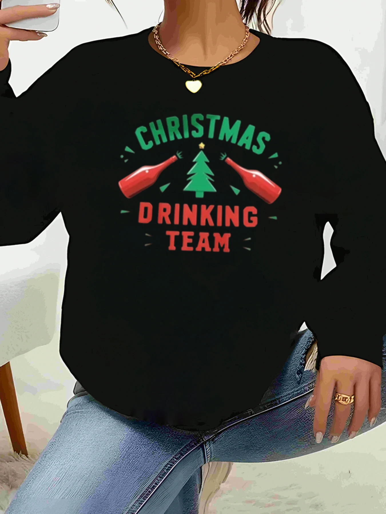 

Christmas Drinking Team Print Long Sleeve Top Holiday Party Casual Wear Women's Clothing