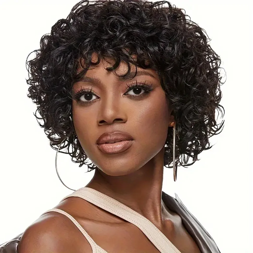 الرطب والمموج عابث قطع شعر مستعار قصير شعر بشري مجعد مع الانفجارات قبل قطعها للنساء البرازيلي شعر ريمي كامل آلة صنع قبعة