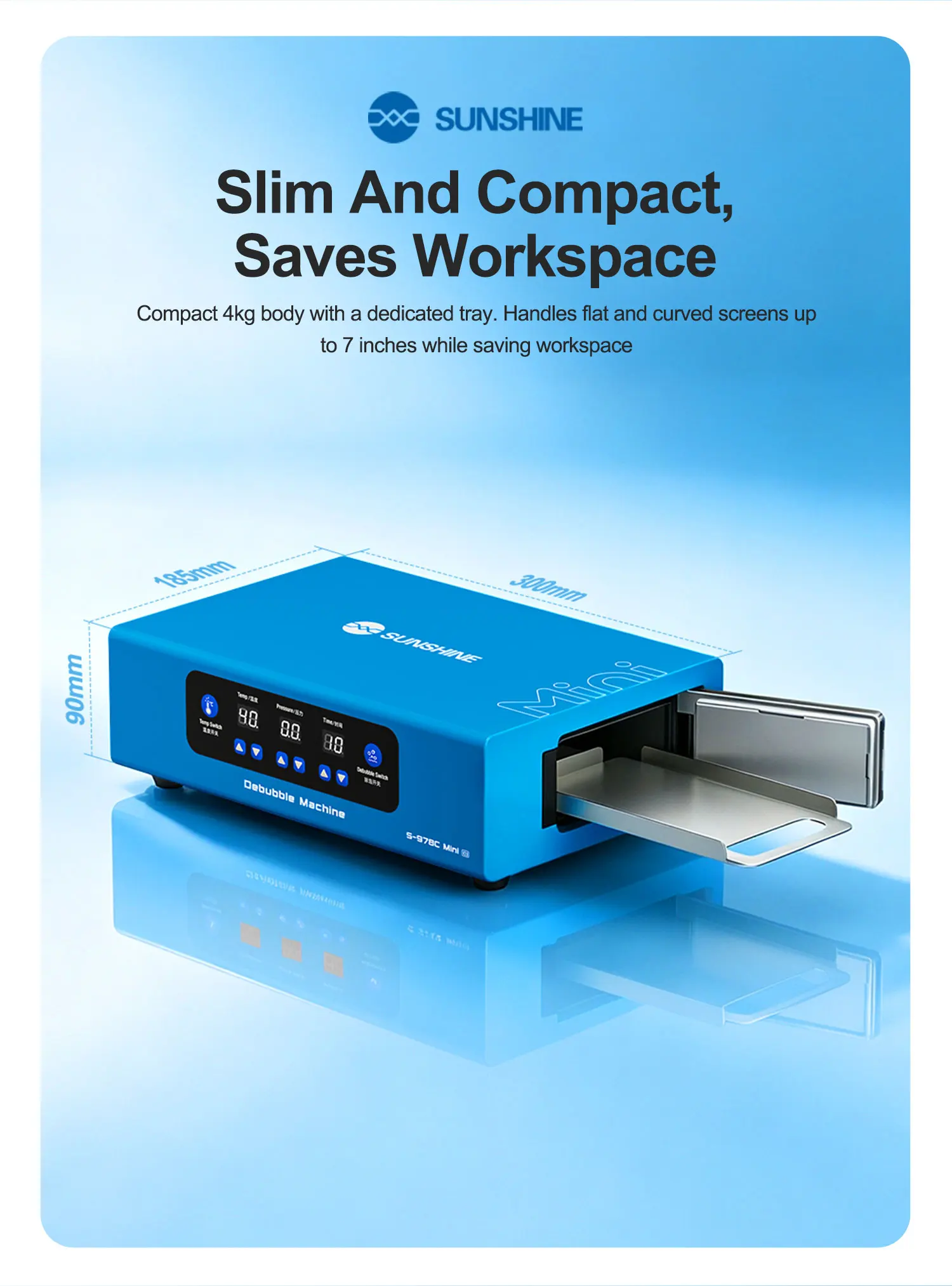 SUNSHINE S-978C Mini V2.0 Entschäumungsmaschine, 7 Zoll Digitaler Druckregler-Entblasenentferner für Flache und Gebogene Handybildschirm-Reparaturwerkzeuge – Detail 3