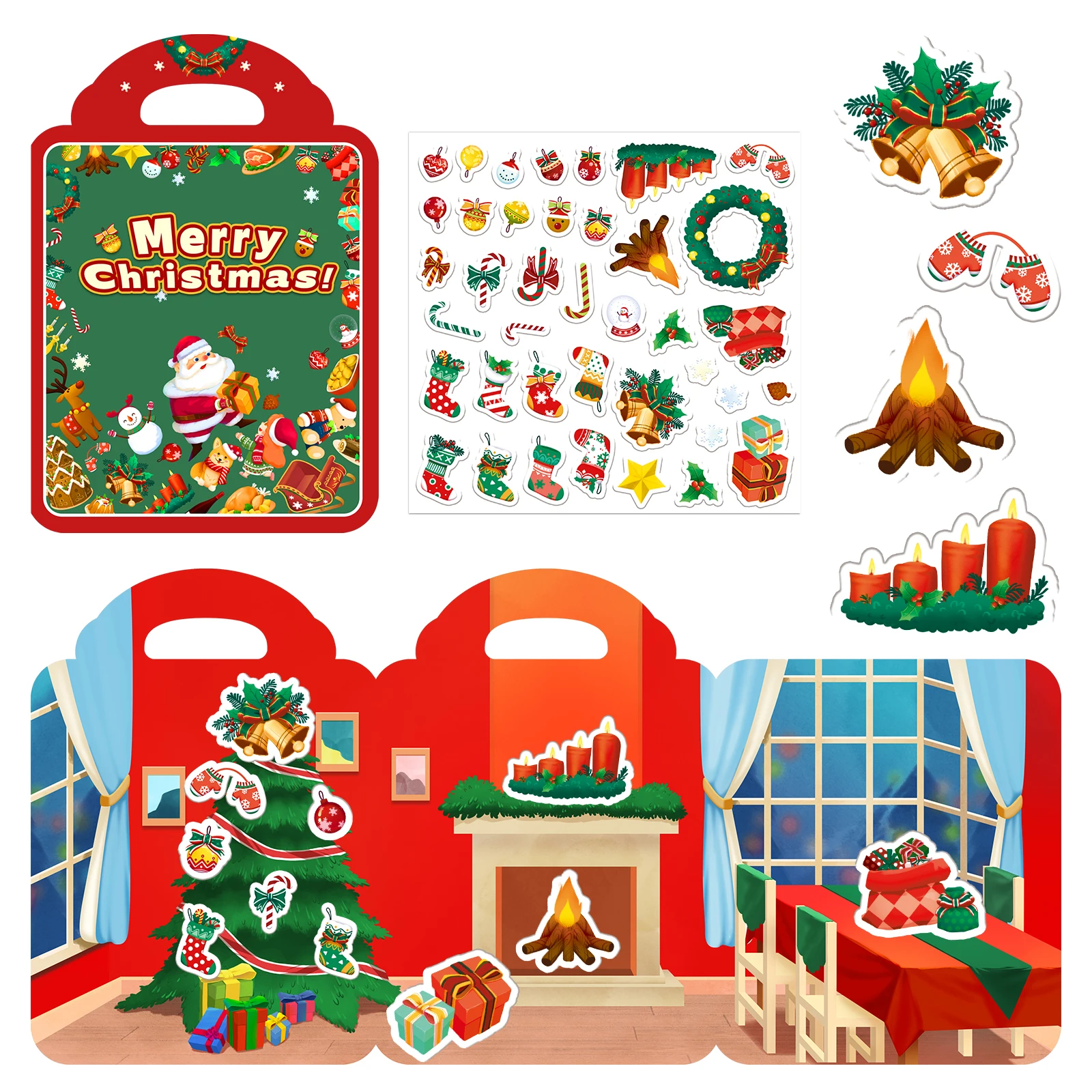 Christmas 3D Reusable Puffy Stickers, Tri-folded Play Scenes, Sticker Book for Toddlers Home Airplane Party , Screen-Free Fun