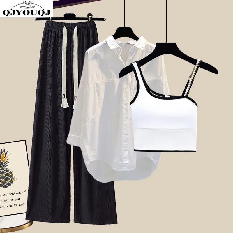 

Spring and summer new fashionable shirt+slim fit vest+casual wide leg pants three piece set