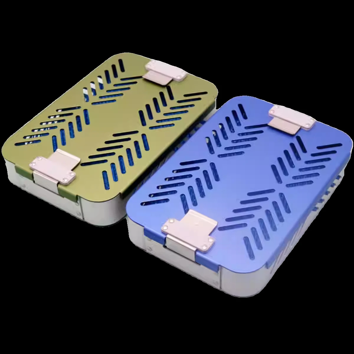 Merk desinfectiedoos Enkellaagse sterilisatiedoos voor hoge temperaturen en hoge druk, blauw aluminiumlegering met schuin gat