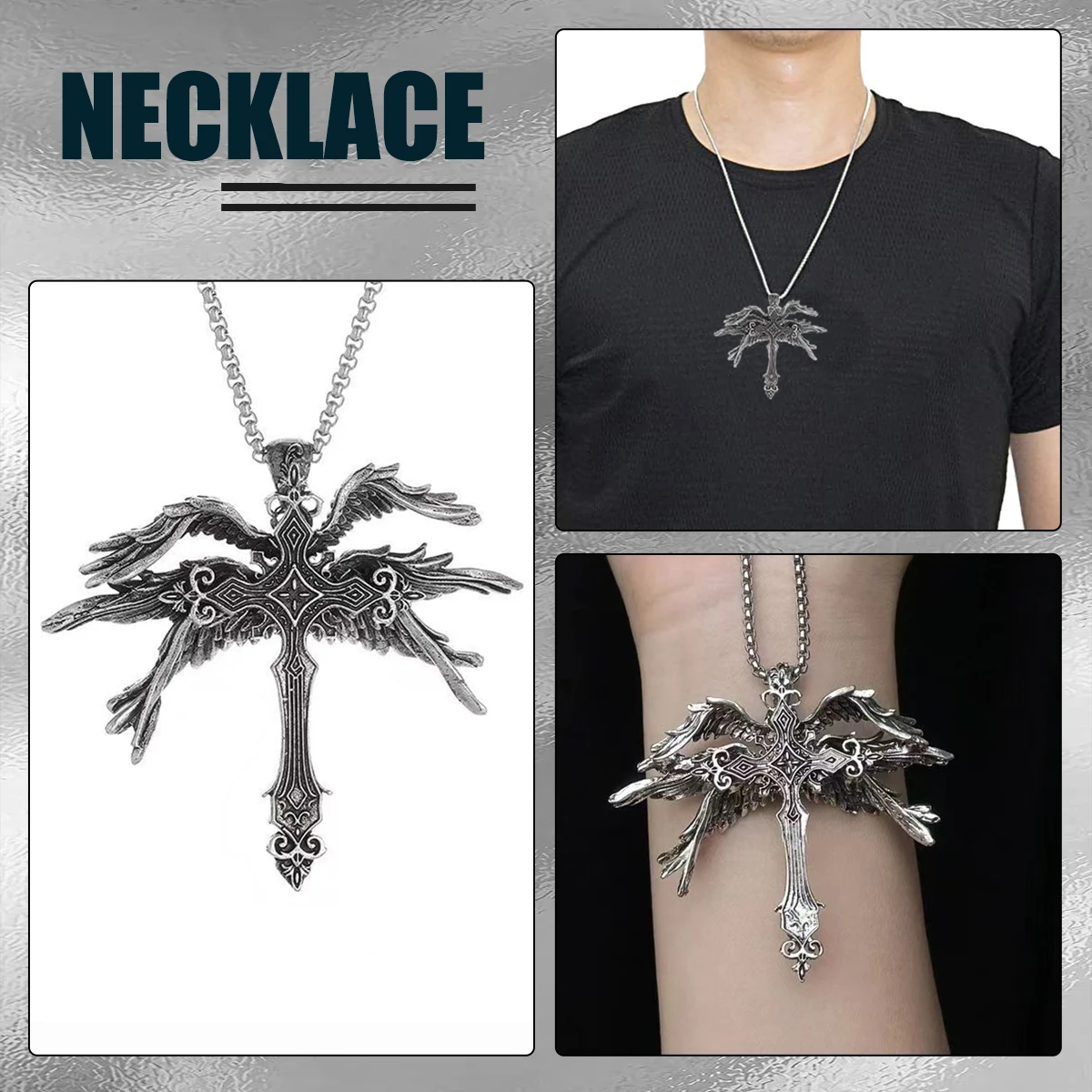 

Gothic Necklace Chain Retro Saint Angel Six Winged Cross Pendant Necklace Men's Punk Amulet Jewelry Gift