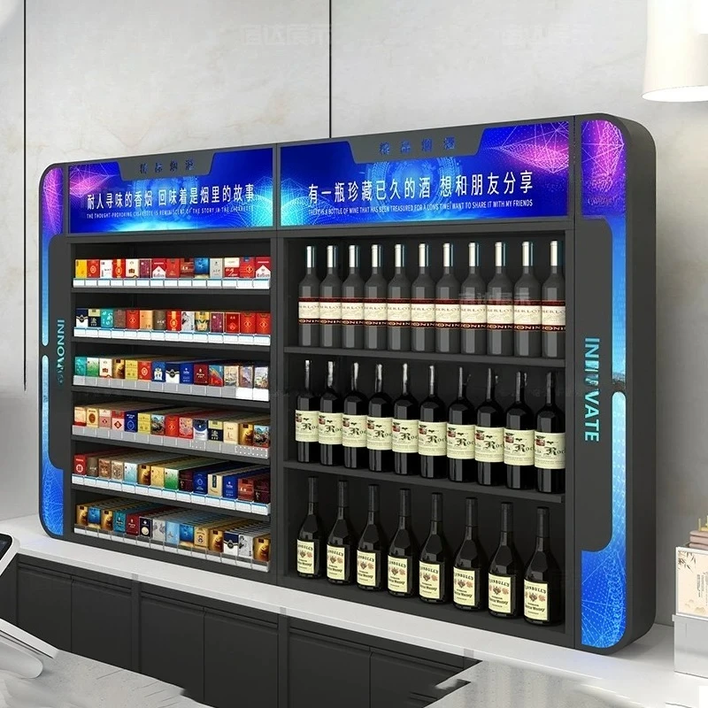 Supermarket tobacco and wine cabinet checkout page Convenience store cigarette rack display rack Wall-mounted propeller metal