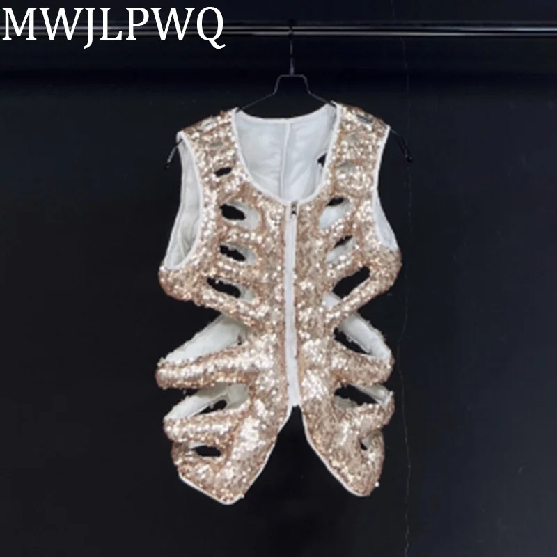 

MWJLPWQ Sequin Hollow Niche Design Men's Trend Vest Coats High Street 2025 New Autumn Loose Casual Unisex Tops Y2K Hiphop 010603