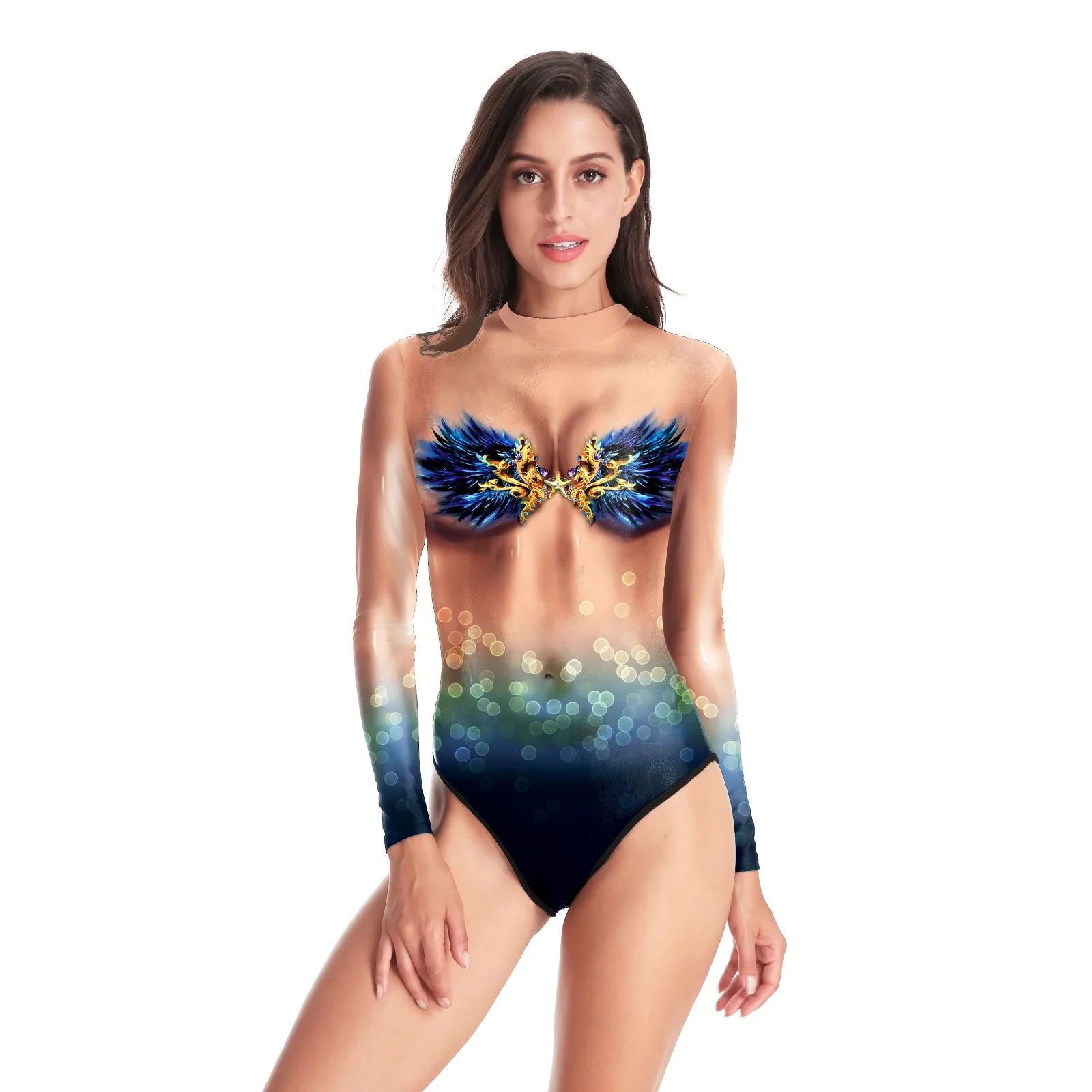 Vip-trajes sereia para mulheres, maiô sexy com escamas de peixe, shell, impressão 3D, manga longa, roupa cosplay