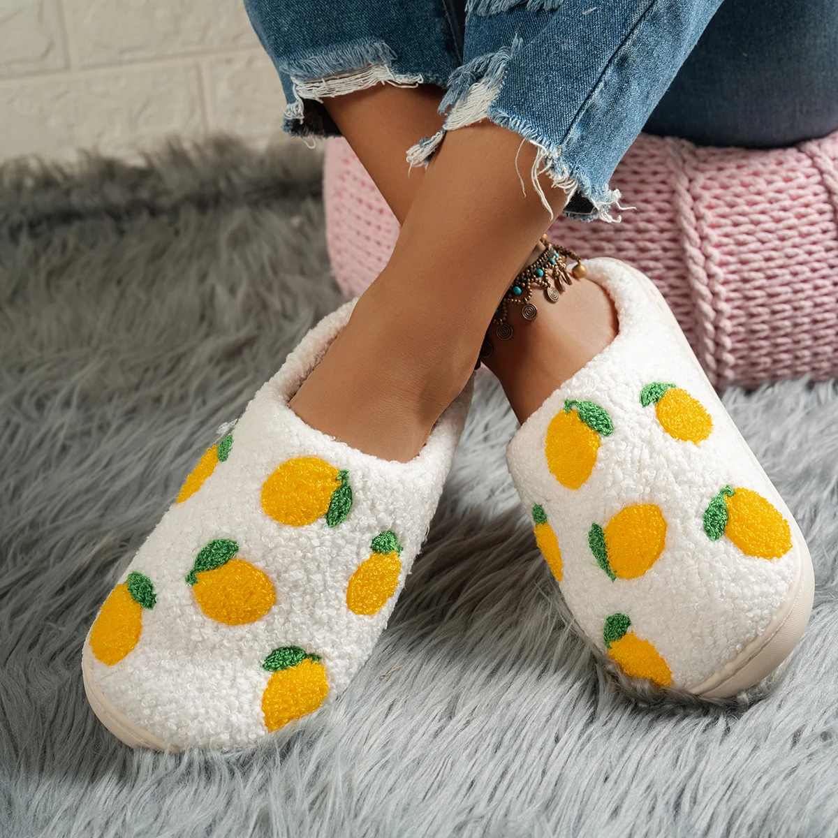 

Lemon Fruit Pattern Home Women's Leisure Slippers Cute Cartoon Winter Soft Sole Indoor Comfy Plush Girl's Warm Bedroom Shoes