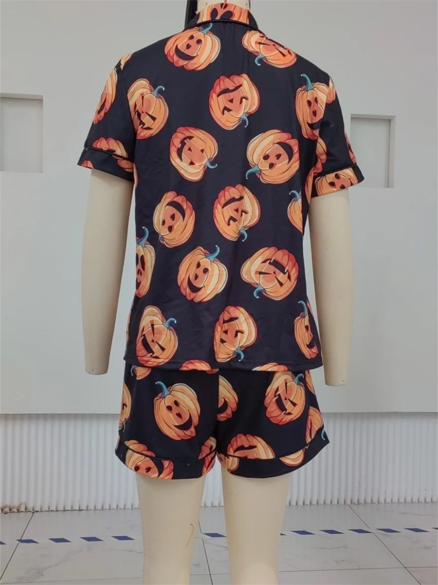 2024 Halloween Silk Satin Pajamas Set for Women Pumpkin Print Button up T-Shirt and Elastic Shorts for Loungewear Soft Sleepwear