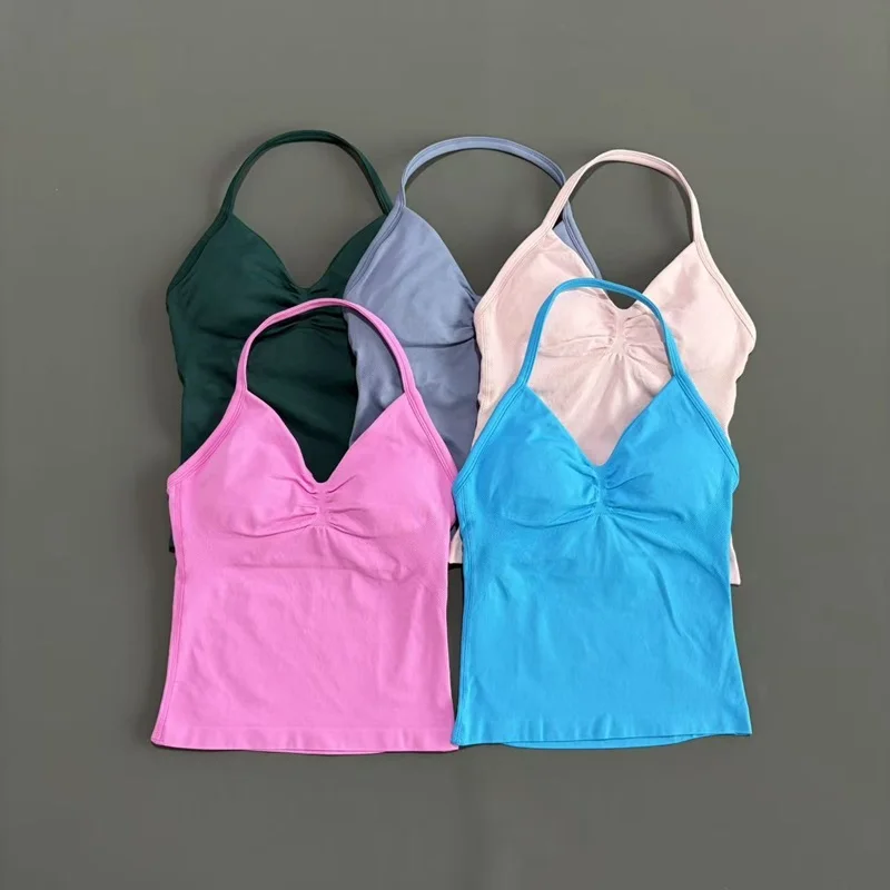 HISTELLO Df Dupe تأثير الخطوط الطويلة Strappy سترة يوجا امرأة عارية الذراعين تانك القمم الرياضة اللياقة البدنية حمالات الصدر الجري تجريب الصالة الرياضية الرسن