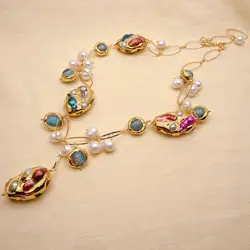 YYGEM 24x35mm Color Shell White Potato Pearl Blue Murano Glass Choker Necklace