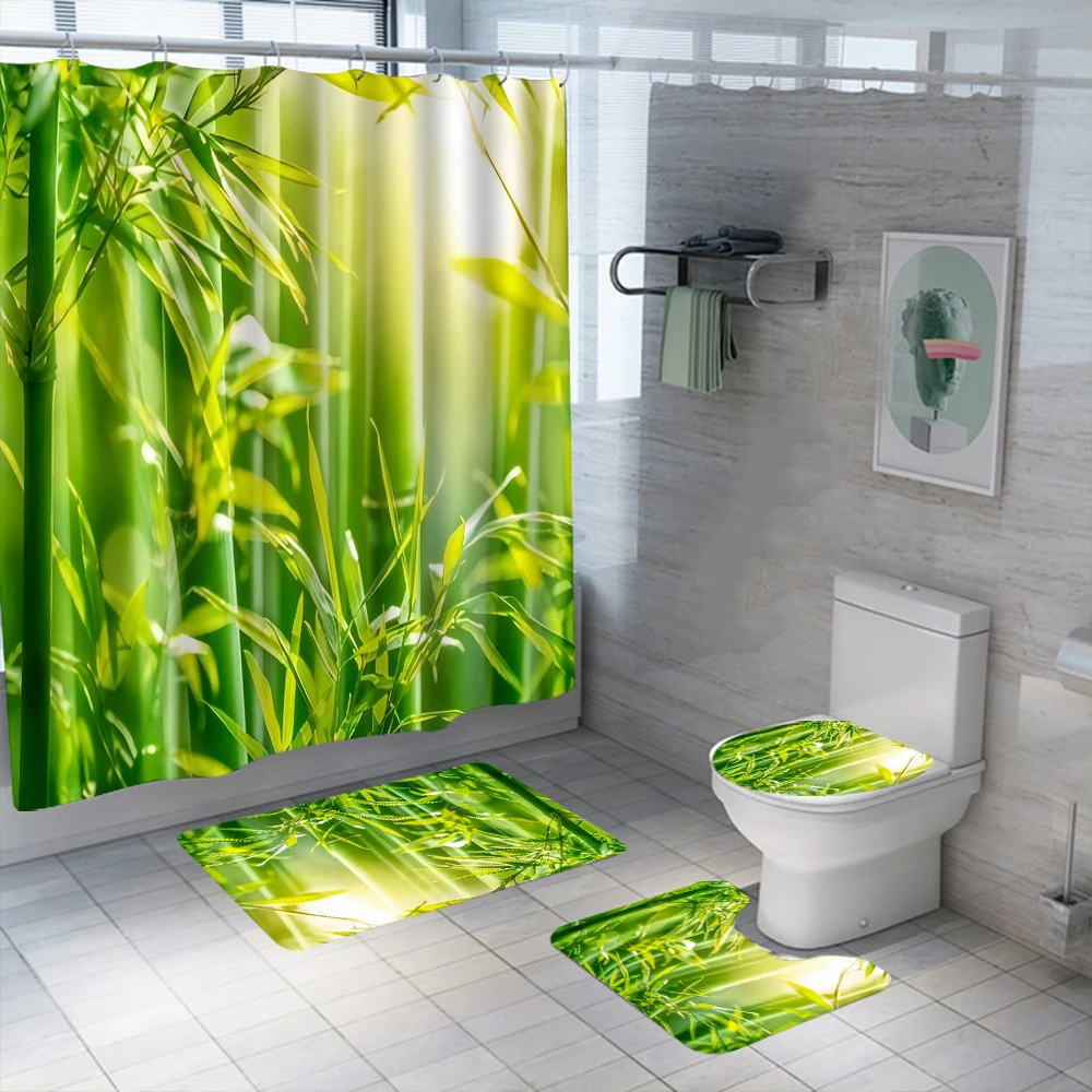 Bamboo Shower Curtain Set Waterproof Washable Polyester Green Plant Bath Curtain Anti-slip Rugs Toilet Lid Cover Bath Mat Set