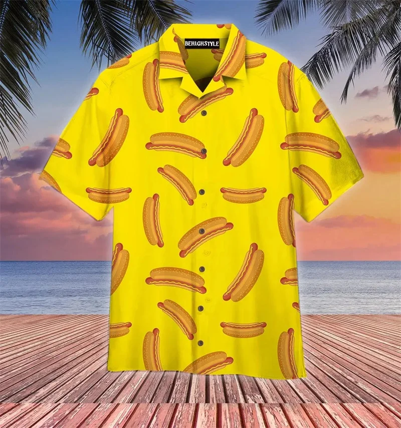 New Mens Hawaiian Shirt Hot Dog Hamburger Cartoon Button Shirts Summer Street Loose Y2k Lapel Short Sleeve Tops Men Clothing