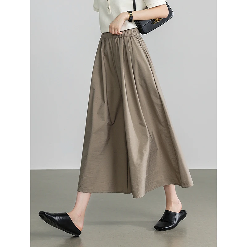 TOYOUTH Women Casual Pants 2024 Summer New Pleated Solid Color Ankle Length Wide Leg Skirt Pants