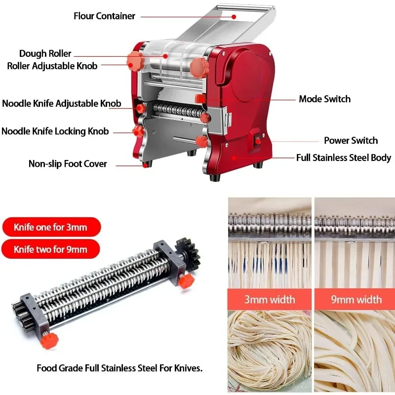 Pasta Dumpling Maker Machine Upgrade-Full Stainless Steel Electric Noodle Machine For Commerical/Home,2-in-1 Dual Knife YX478TB