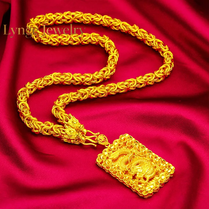 Lynge Jewelry Bold Dragon Pendant Men 24K Gold AU999 - Sharp 3D dragon carving, 24K/AU999 pure gold, heroic bold aura for men