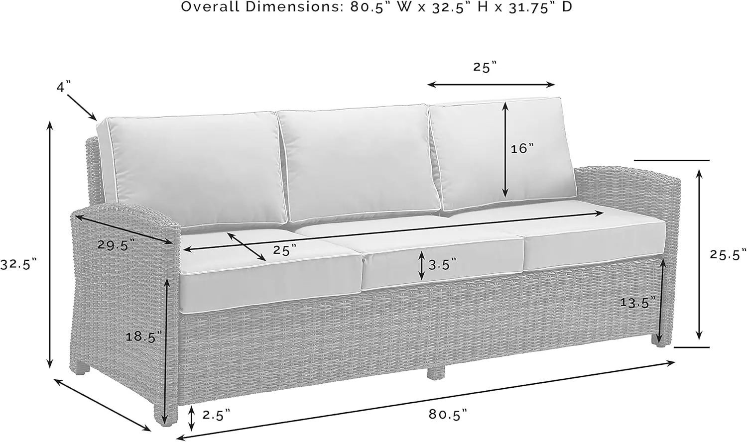 Outdoor Wicker Sofa, Weathered Brown with Gray Cushions, 31.75