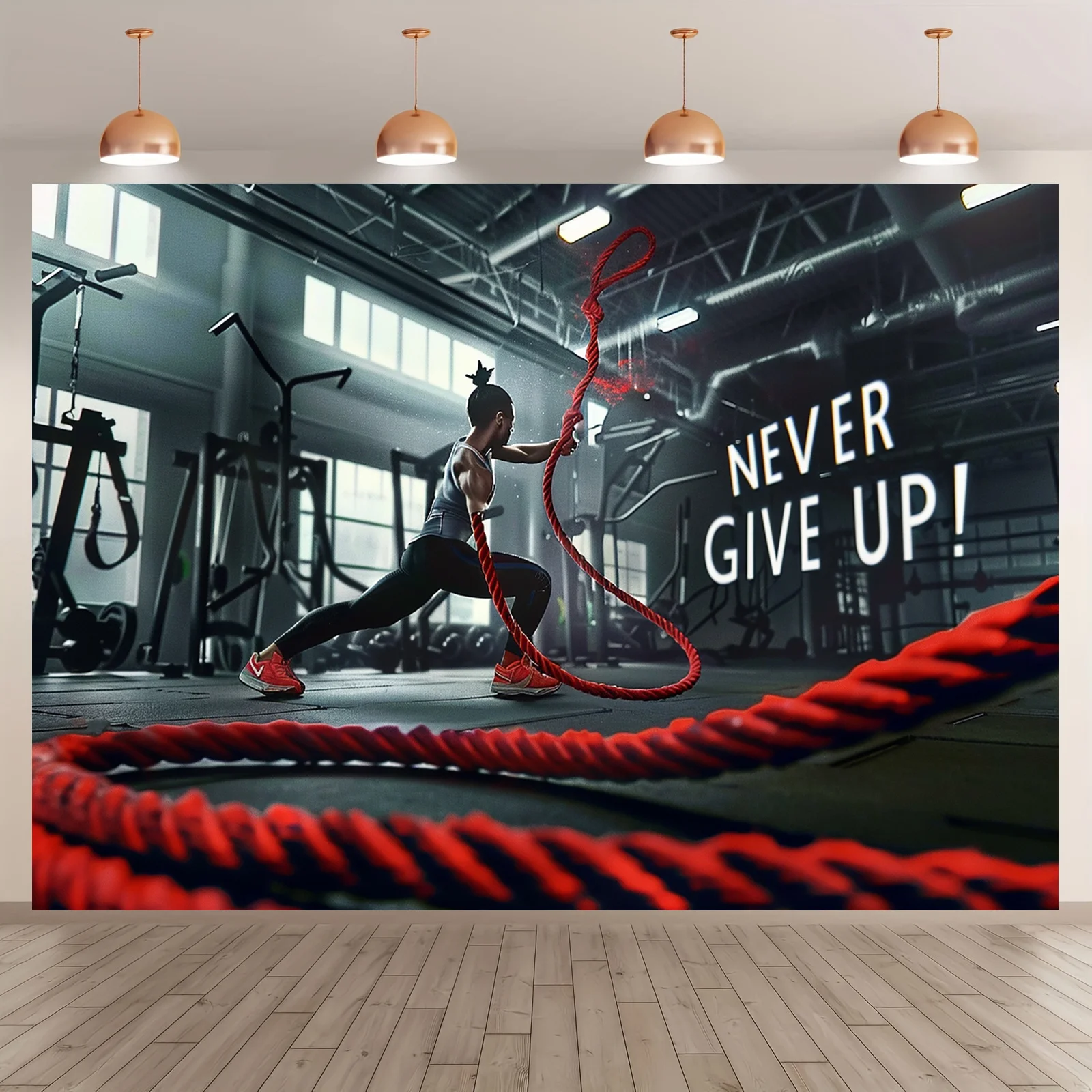 1 banner de fundo de exercícios motivacionais "Never Give Up!" decoração de ginástica - tecido de fibra de poliéster durável