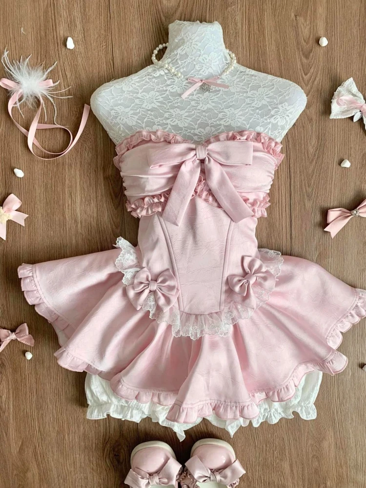 Japanese Sweet Lolita Women Dresses Kawaii Design Bow Lace Strapless Y2k Pink Evening Dress Female Chic Korean Popular Clothes - Image 5