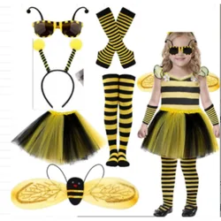 Children's Cute Little Bee Dress Up Stockings Eye Lens Button Sleeve Set Puffy Skirt Wing Set 6 Piece