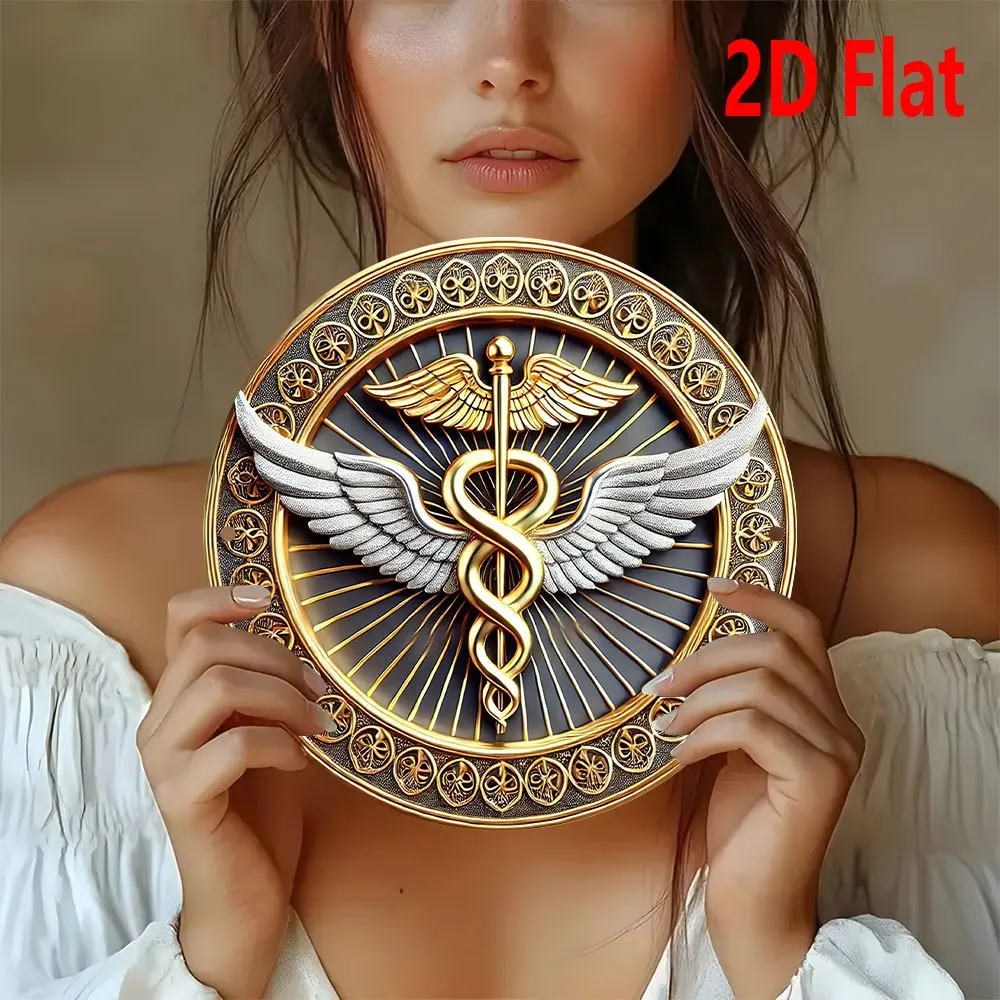 2D Flat, Medical Symbol Decoration - Golden Caduceus Emblem with Wings - Durable Aluminum Plaque for Healthcare Facilities, Offi view 2