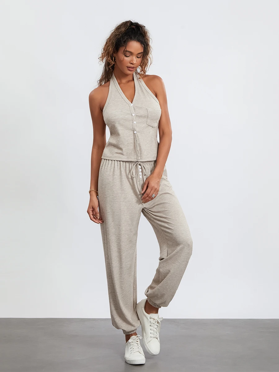 Women s 2 Piece Lounge Set Sleeveless Halter Neck Button Tops Casual Drawstring Pants Sleepwear Sets