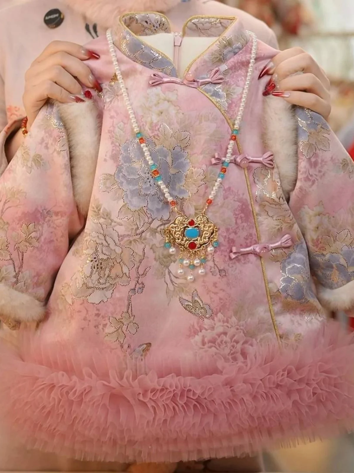 

2025 Winter New Sle Thiened Fce Traditional Chinese Peony Patterned Dr for Baby Girls Sweet New Year Visit Wear