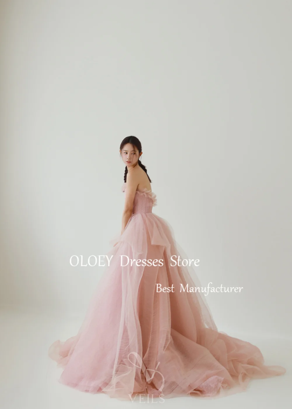 OLOEY Strapless Pink A Line Prom Dress Korea Wedding Photoshoot Sleeveless Long Party Dress Pleats Dots Tulle Custom Made