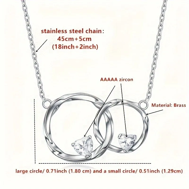 Bright double-circle love necklace, copper inlaid zircon gift box+card thank you from the bottom of your heart for Thanksgiving.