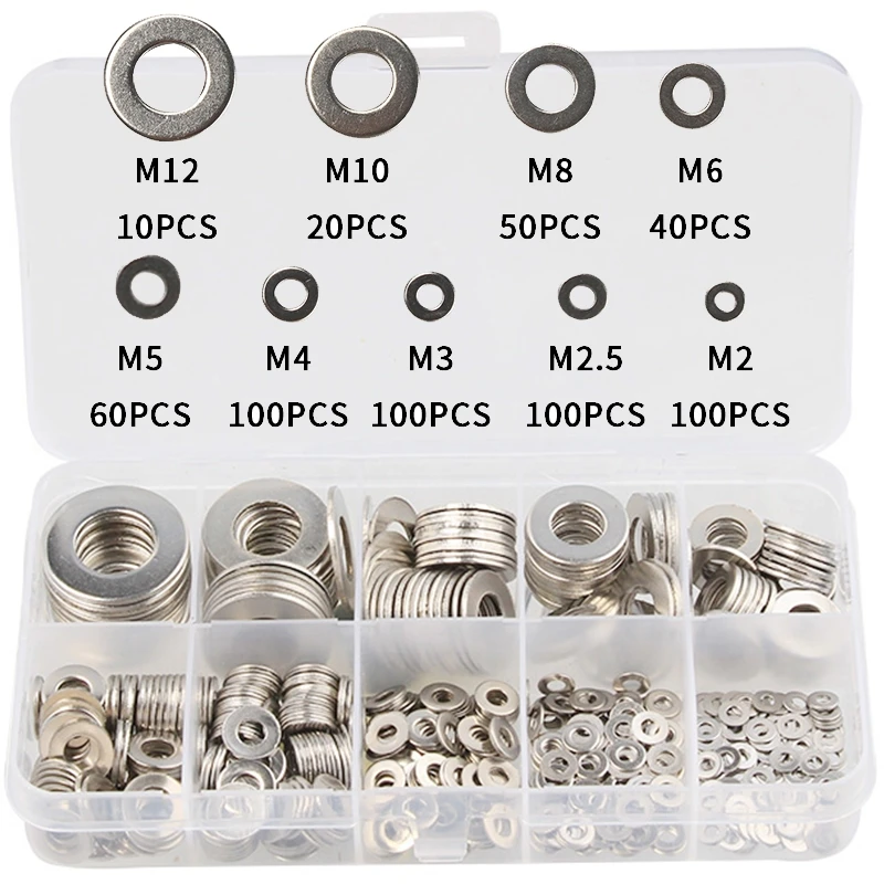 580pcs M2 M2.5 M3 M4 M5 M6 M8 M10 M12 304 Stainless Steel Flat Washer O Ring Set Adjusting Shim Plain Gasket Assortment Kit