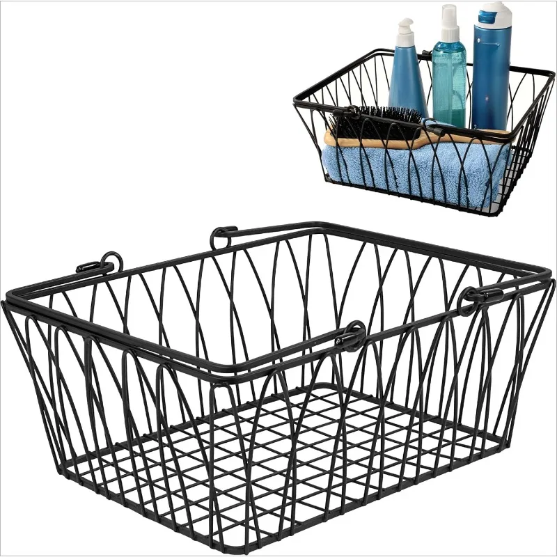 Twist Wire Basket for Organizing (Medium, Black) - Sturdy Farmhouse Pantry Basket Storage  - Wire Storage Basket Organizer