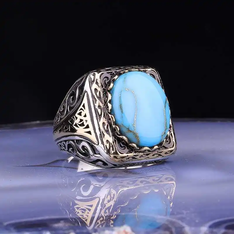 ​Silver Turquoise Stone Square Men's Ring - 925 Sterling Men's Jewelry Wedding Birthday Gift - Box - Stone - For Man - Fashion - Botiva - Size - Turkish - Patterned Embroidery