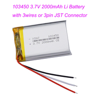 3.7V 2000mAh 7.4Wh Rechargeable Li Lithium Battery Lipo 103450 NTC 3-Wires JST 3Pin Plug For GPS Dashcam Bluetooth Speaker