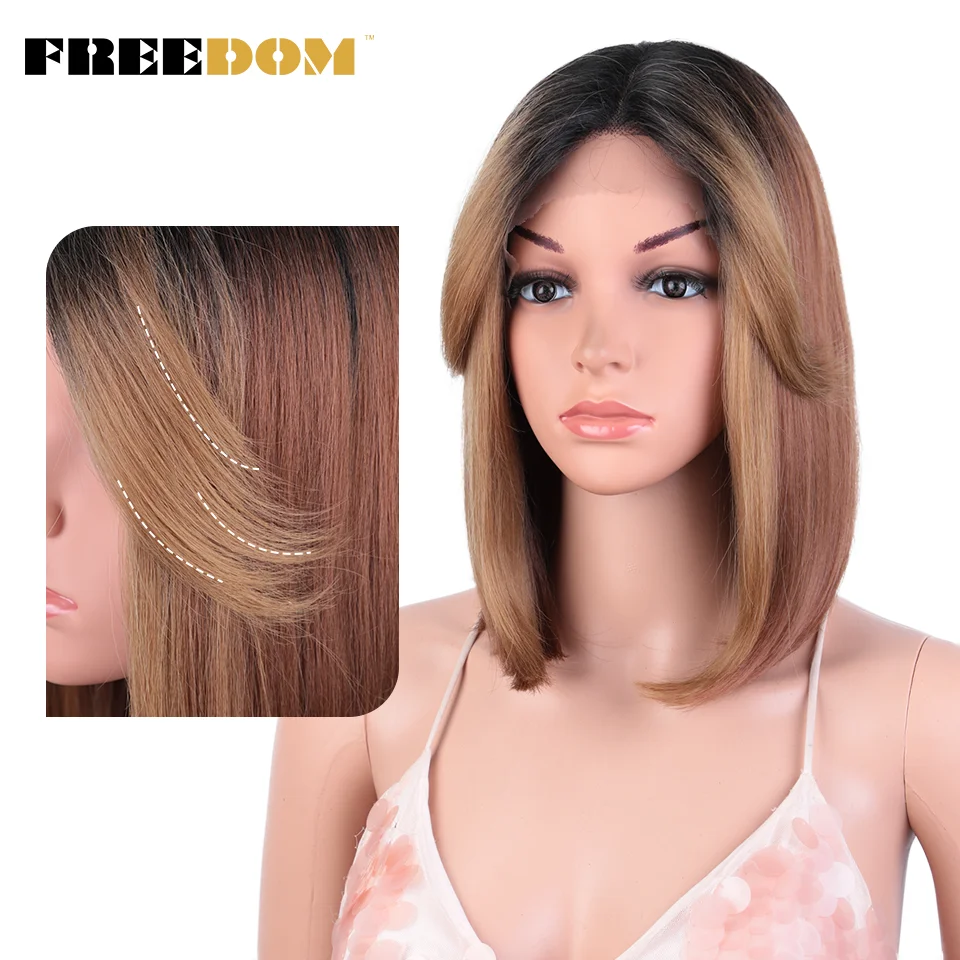 FREEDOM Synthetic Lace Front Wigs Straight Short Bob Wig With Bangs Ombre Blonde Blue Lace Wigs For Black Women Cosplay Wigs