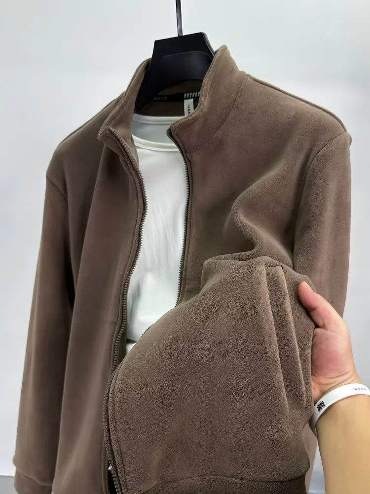 High quality warm plush men\'s zipper jacket autumn winter fashion brand high-end solid color casual cardigan Korean sports coat