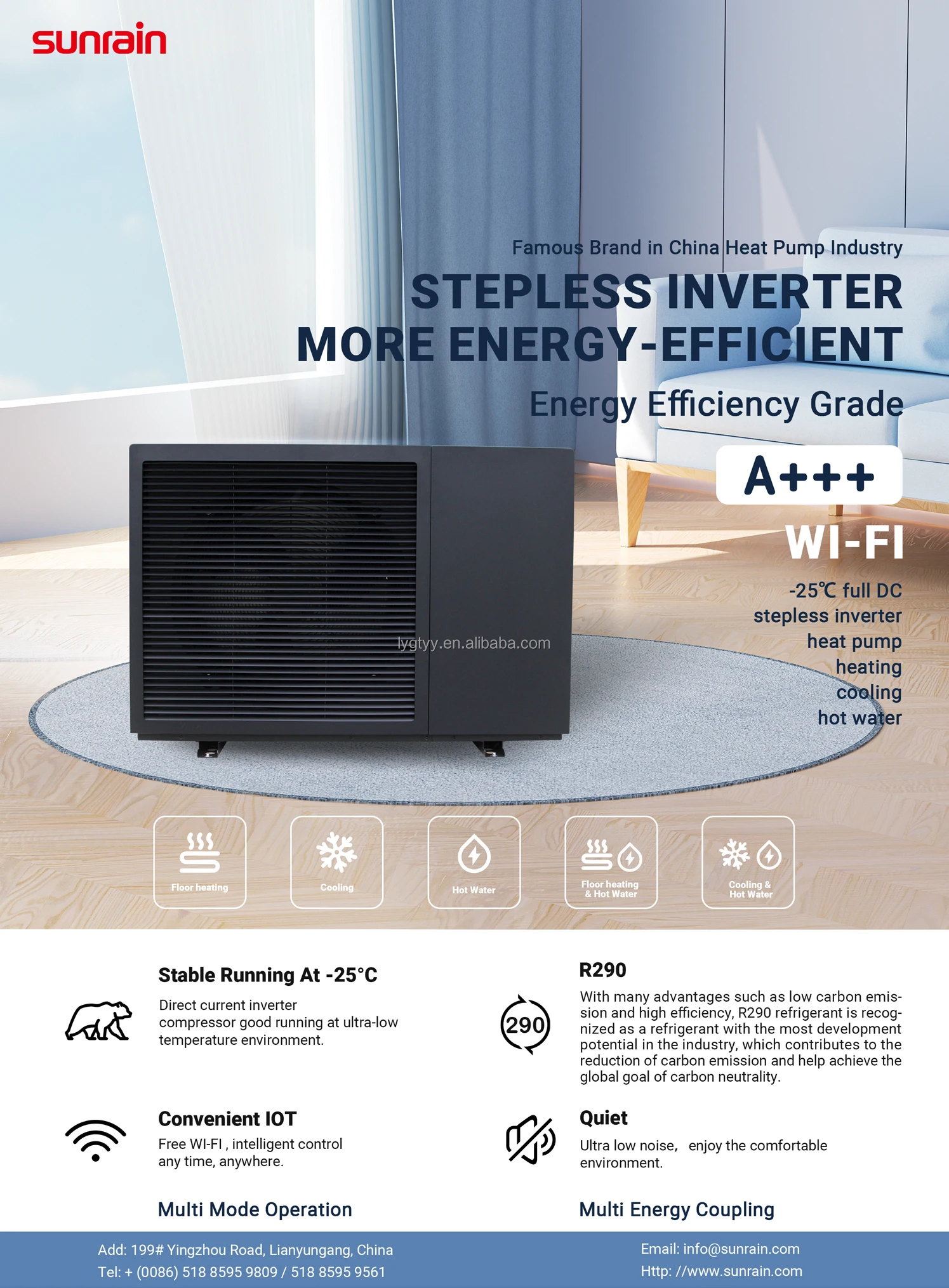 

Sunrain New Arrival A+++ R290 Air To Water Monoblock EVI Full DC Inverter Heating Cooling And Hot Water Heat Pump With WIFI