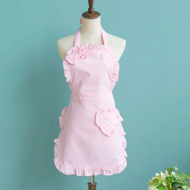 Pink Heart Princess Bib Apron Pinafore Maid Edgefold Waterproof For Home Kitchen Cooking Cafe Waiter Shop Hairdresser