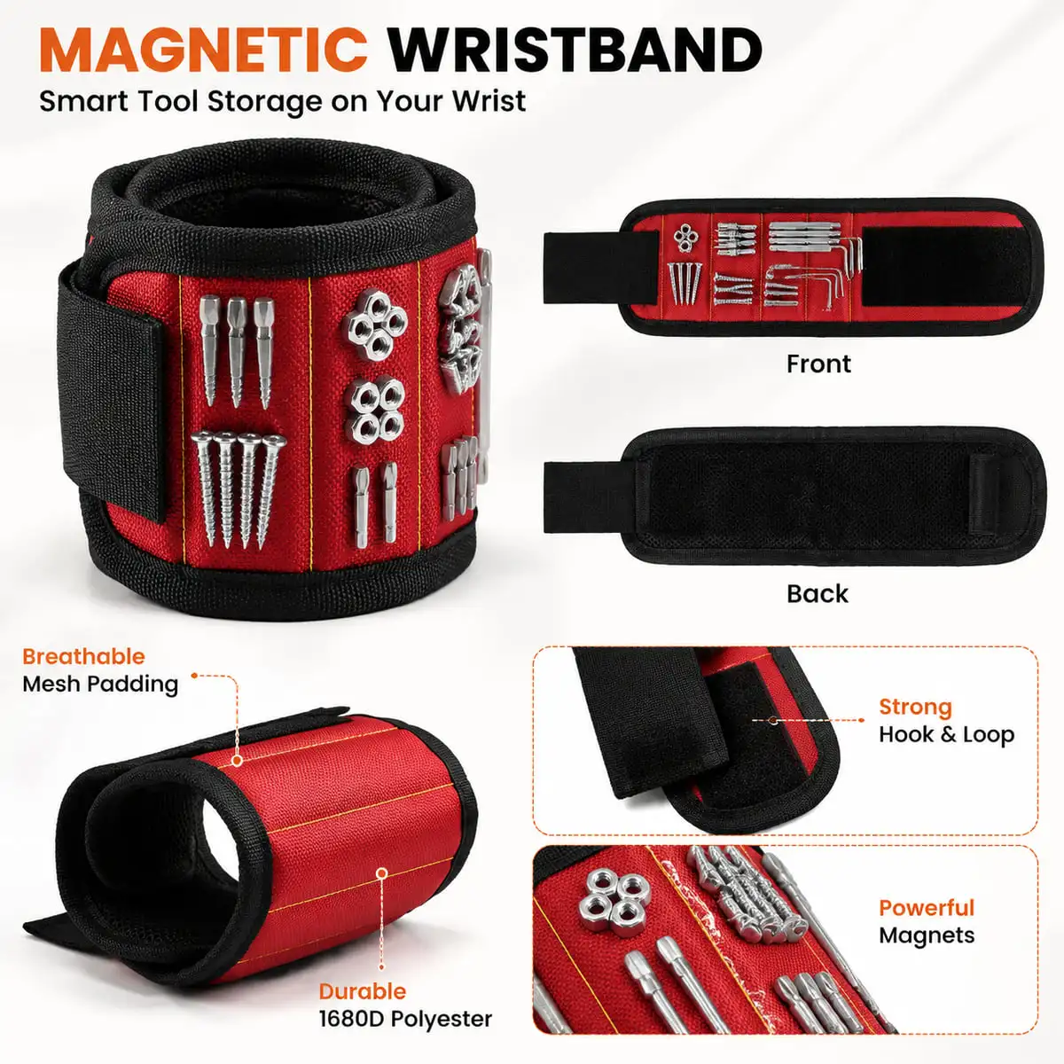 YONGRUN Magnetic Tool Wristband Strong Hold Screw Nail Nut Bit Organizer Adjustable Hands Free Home Repair Woodworking